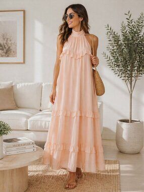 Blush Pink Maxi Dress Halter Bow Neck Tiered Ruffle Coastal Wedding Guest NWT M